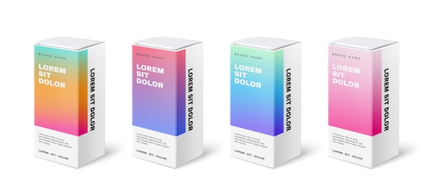 Realistic mockup design set with four isolated images of vertical packaging boxes with gradient and text vector illustration