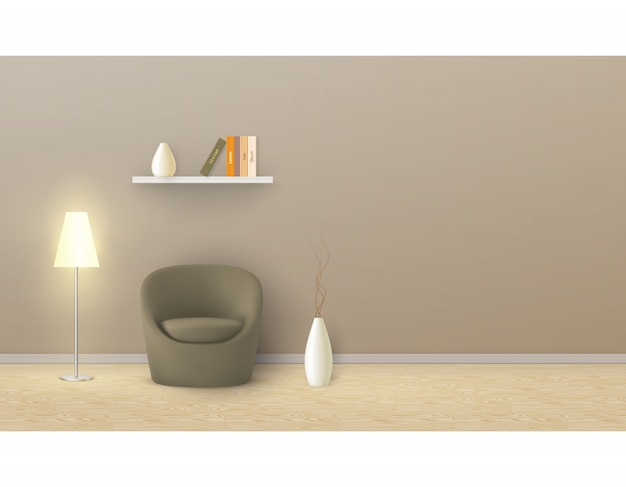 Realistic mockup of empty room with beige wall, soft armchair, floor lamp, shelf with books.