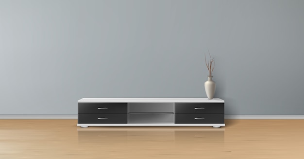 realistic mockup of empty room with flat gray wall, wooden floor, tv stand with black drawers