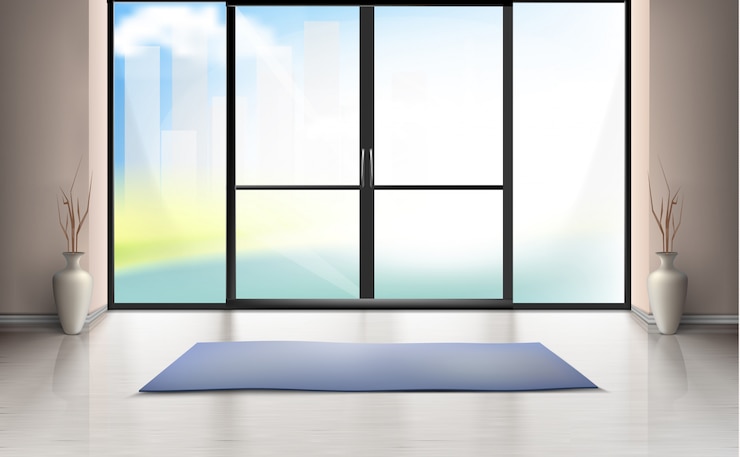 Free Vector realistic mockup of empty room with large glass door, blue carpet on clean floor