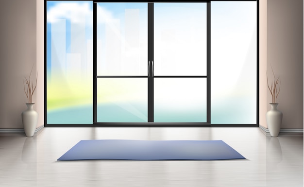 realistic mockup of empty room with large glass door, blue carpet on clean floor