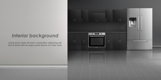 realistic mockup of kitchen room interior with household appliances, refrigerator