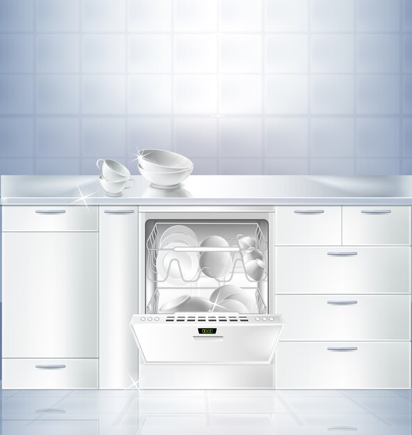 Реалистичный макет кухонной комнаты с белым чистым полом и стеной.
