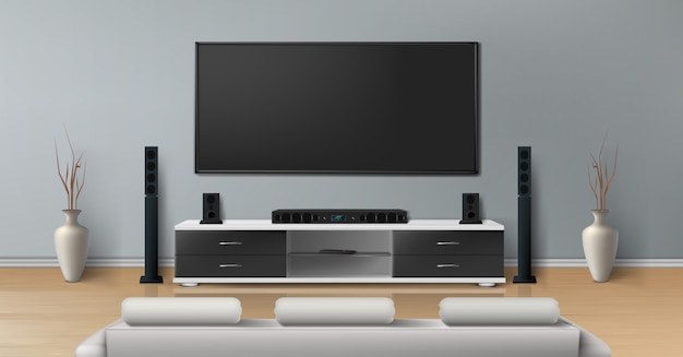 realistic mockup of living room with big plasma tv on flat gray wall, black stand 
