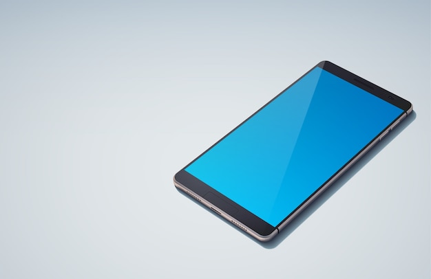 Реалистичная концепция современного дизайна смартфона с небесно-голубым пустым экраном на синем изолированном