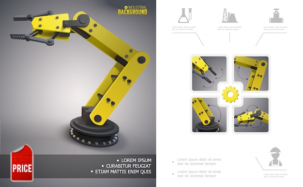 無料ベクター 機械式ロボットマニピュレーターと石油業界のアイコンで現実的な現代産業構成