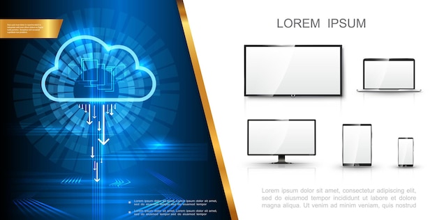 Realistico concetto di tecnologia moderna con schermo tv digitale cloud storage monitor laptop telefono e tablet