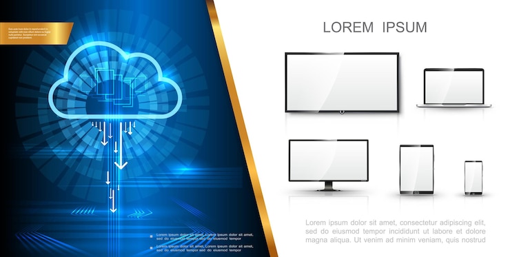 Free Vector realistic modern technology concept with digital cloud storage tv screen laptop monitor phone and tablet