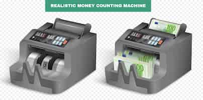 Бесплатное векторное изображение Реалистичная машина для подсчета денег с двумя изолированными изображениями пустого и загруженного аппарата с текстовой векторной иллюстрацией