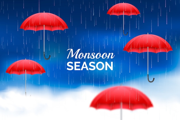 無料ベクター 雨と傘と現実的なモンスーンの季節の背景