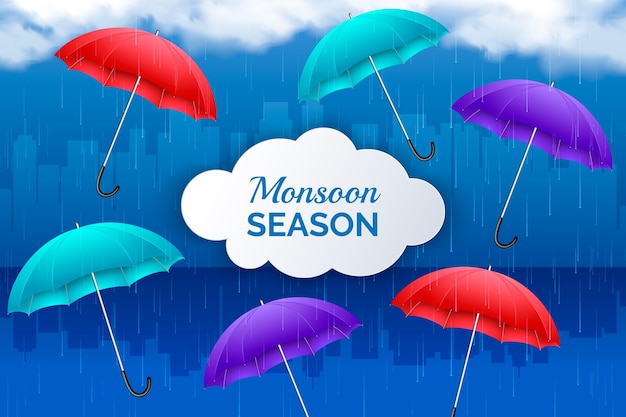 Realistic monsoon season background with rain and umbrellas