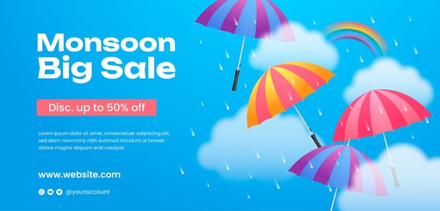 Realistic monsoon season horizontal banner template