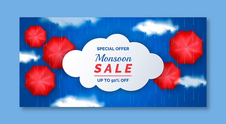 मुफ़्त वेक्टर realistic monsoon season sale horizontal banner template with rain and umbrellas