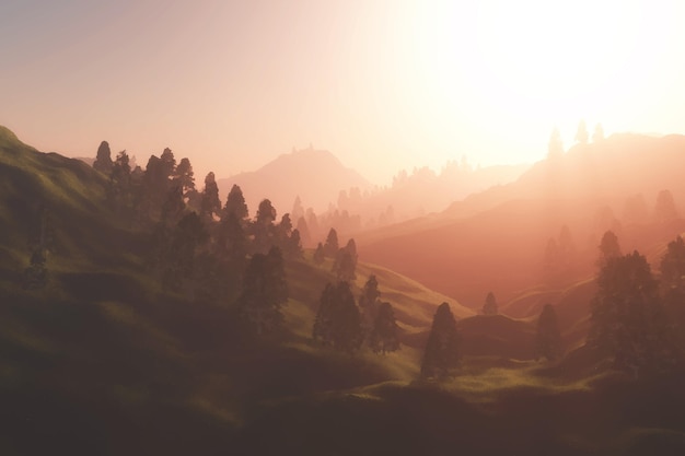 Реалистичный горный пейзаж с восходом солнца