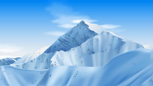 青い空と雲のイラストと雪で覆われた水平方向の風景と崖の現実的な山の構成