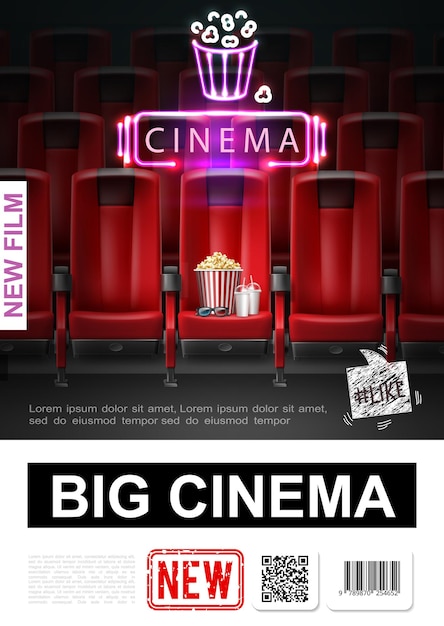 Vettore gratuito manifesto di premiere del film realistico con auditorium del cinema e occhiali 3d frullato di popcorn sull'illustrazione rossa del sedile