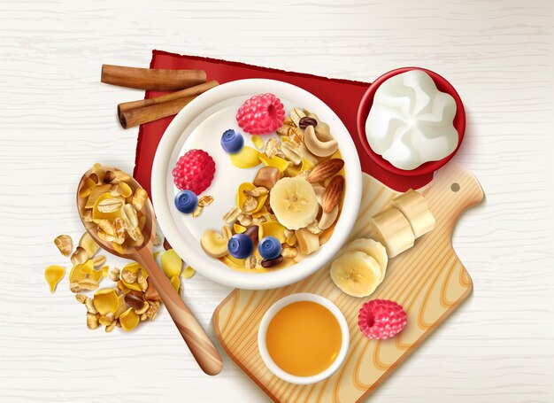 Realistic muesli fruits healthy breakfast  with top view of table with cereals spoon and plates