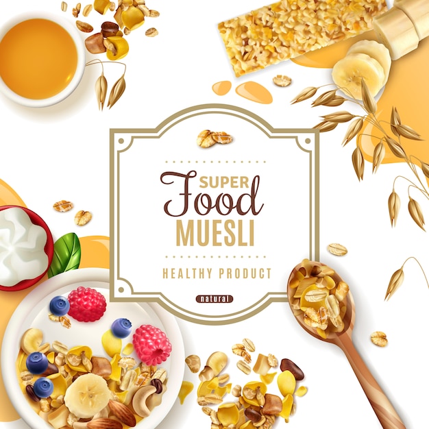 Realistic muesli superfood frame  with ornate text available for editing and top view of table Free Vector