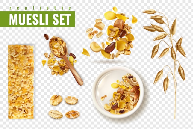 Free vector realistic muesli on transparent  set with isolated images of cereals spreading and bars with text