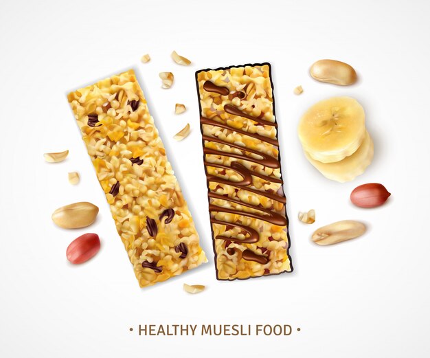 Realistic muesli  with sweet bars of granola with banana slices and pieces of peanut beans