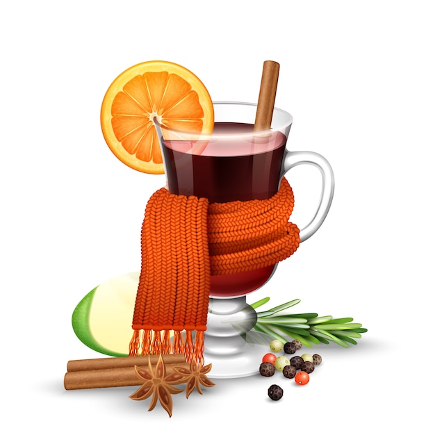 Free vector realistic mulled wine glass with spices wrapped in warm scarf