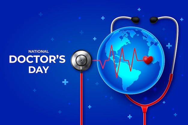 Realistic national doctor's day background with stethoscope and planet