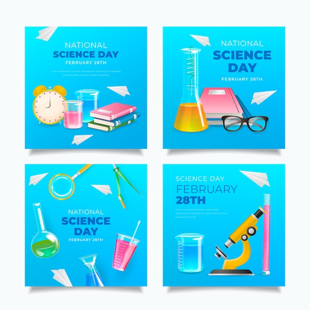 Free vector realistic national science day instagram posts collection