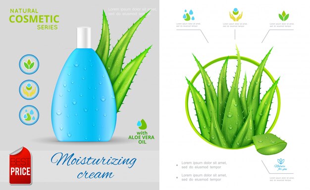 Realistic natural cosmetic composition with aloe vera plant and bottle of moisturizing cream