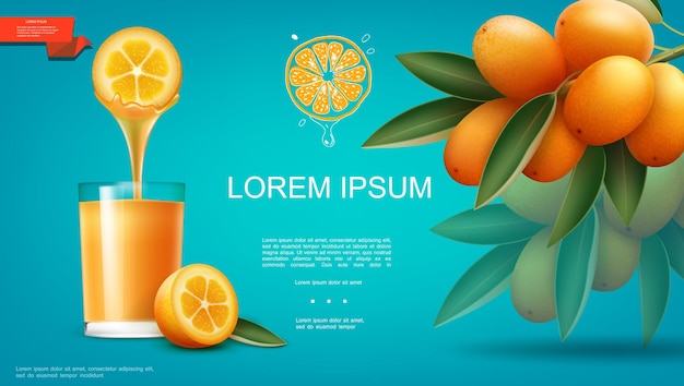 Realistic natural fruit juice template with glass full of healthy drink and branch of ripe kumquat fruits  illustration