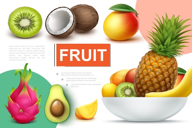 Реалистичная композиция из натуральных фруктов с миской ананаса, банана, киви, манго, кумквата, авокадо, кокоса, драконьего фрукта