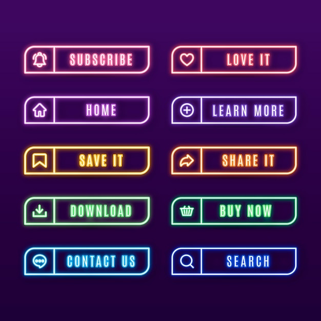 Realistic neon call to action button pack