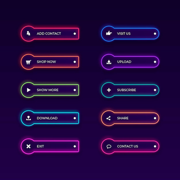 Realistic neon call to action button set