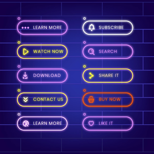 Realistic neon call to action button set