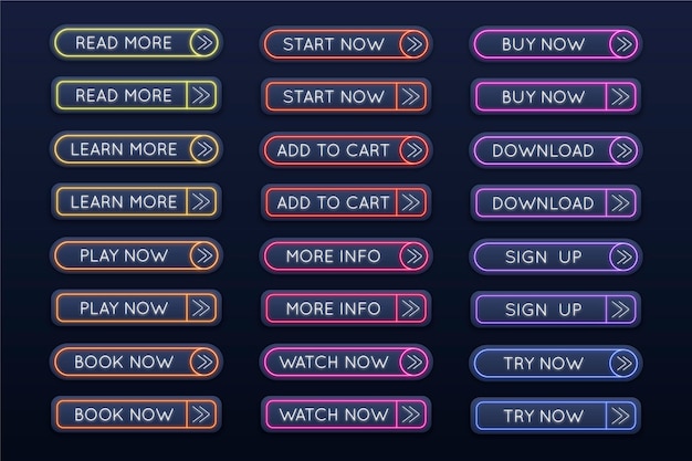 無料ベクター リアルなネオン召喚ボタンコレクション