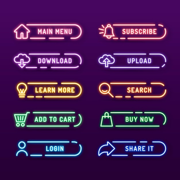 無料ベクター リアルなネオン召喚ボタンパック