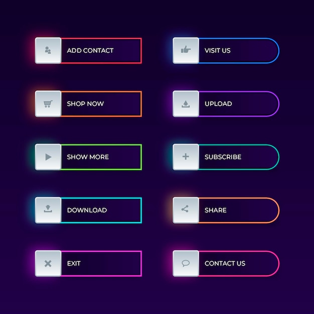 Бесплатное векторное изображение Набор реалистичных неоновых кнопок с призывом к действию