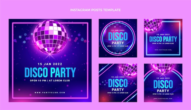 Vettore gratuito collezione di post di instagram festa in discoteca al neon realistica