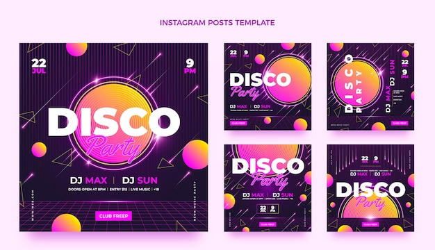 Vettore gratuito collezione di post di instagram festa in discoteca al neon realistica