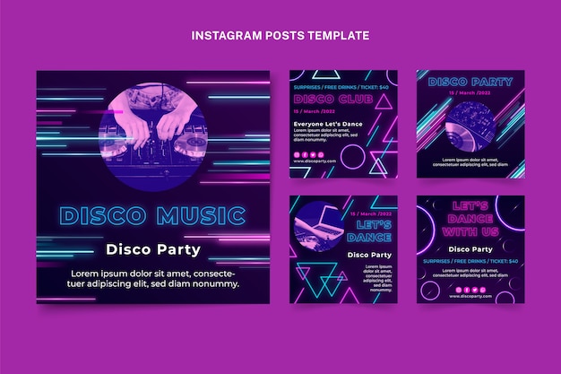 Free vector realistic neon disco party instagram posts