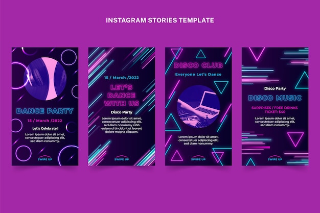 Vettore gratuito storie di instagram di feste in discoteca al neon realistiche