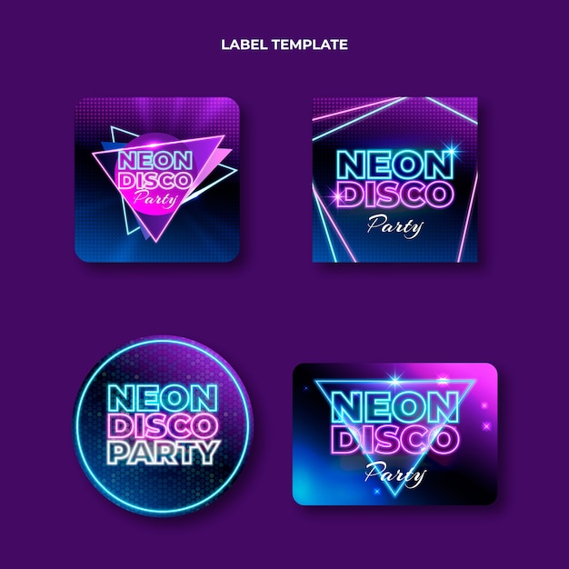 Realistic neon disco party labels
