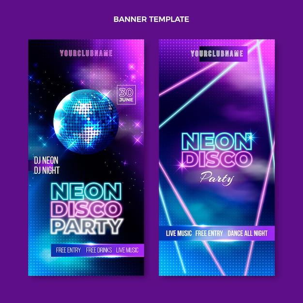 Banner verticali realistici per feste in discoteca al neon
