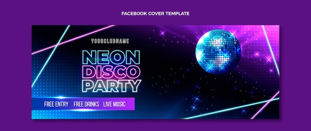 Free vector realistic neon party facebook cover with disco ball