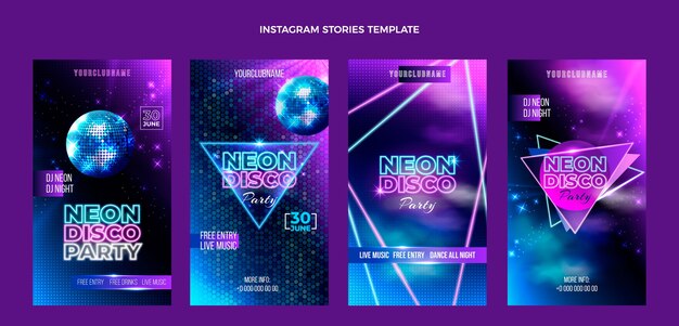 Realistic neon party instagram stories with disco balls