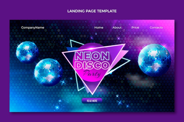Realistic neon party landing page with disco balls