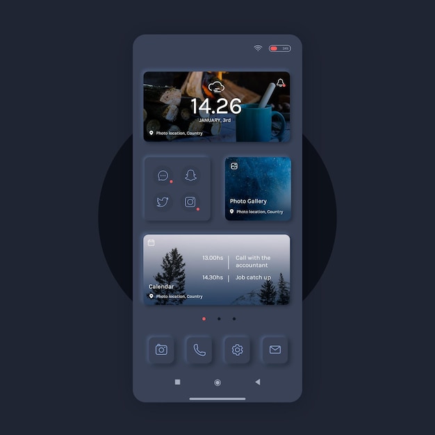 Realistic neumorph home screen template for mobile phone