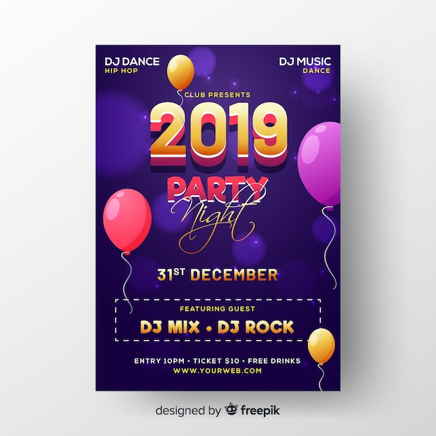 Realistic new year 2019 party flyer template