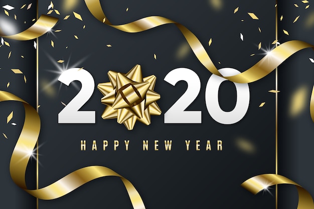Realistic new year 2020 background with golden gift bow