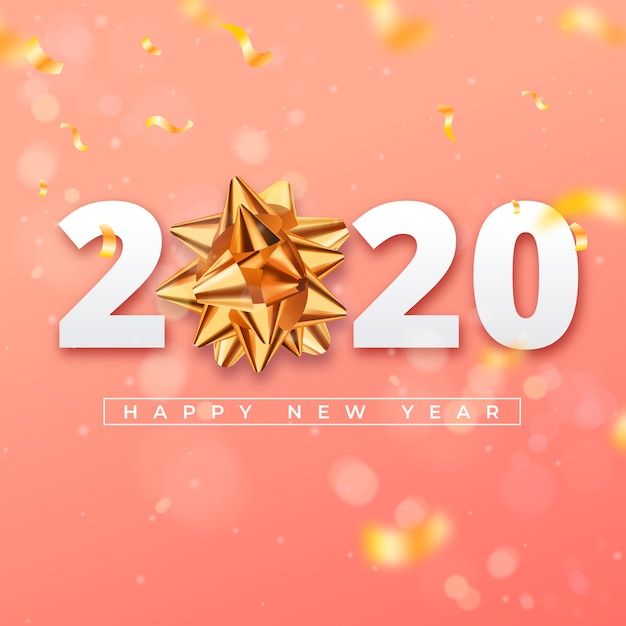 Realistic new year 2020 wallpaper with golden gift bow