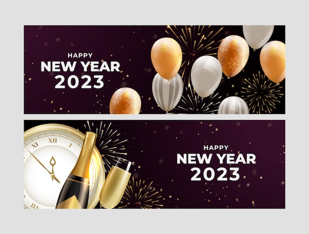 Realistic new year 2023 horizontal banners set